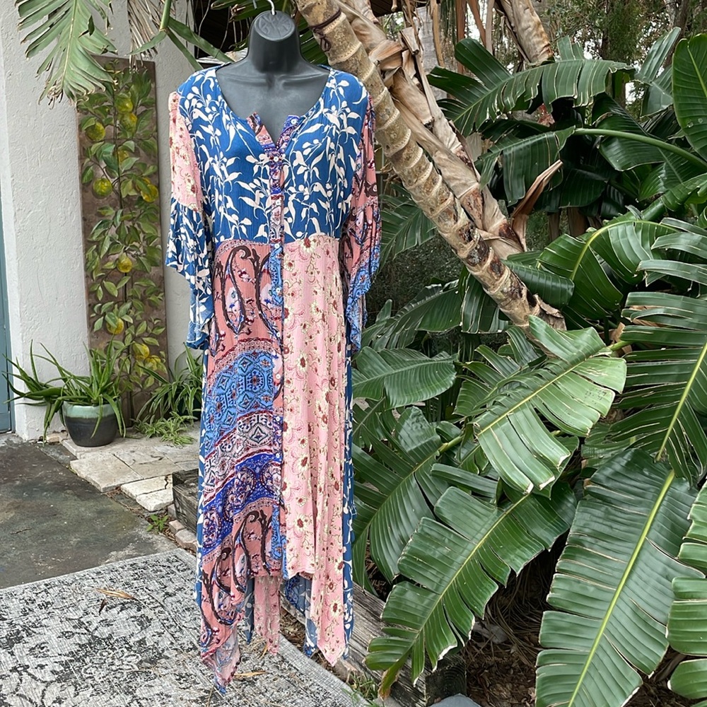 bohemian patchwork, statement, sleeves, handkerchief, hem dress